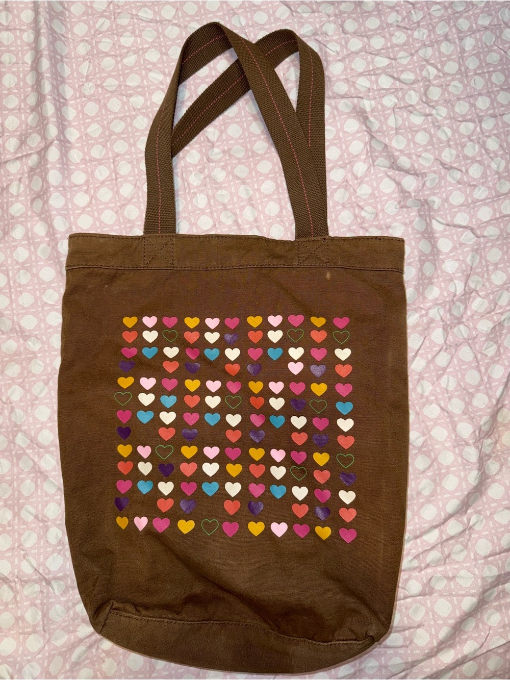 Brown Heart-Print Canvas Tote Bag